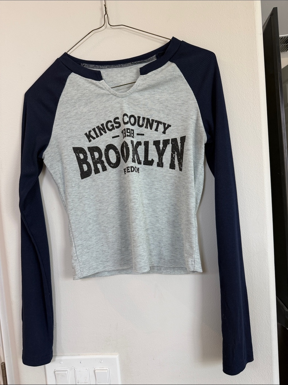 SHEIN Gray & Navy "Brooklyn" Long Sleeve Raglan Top